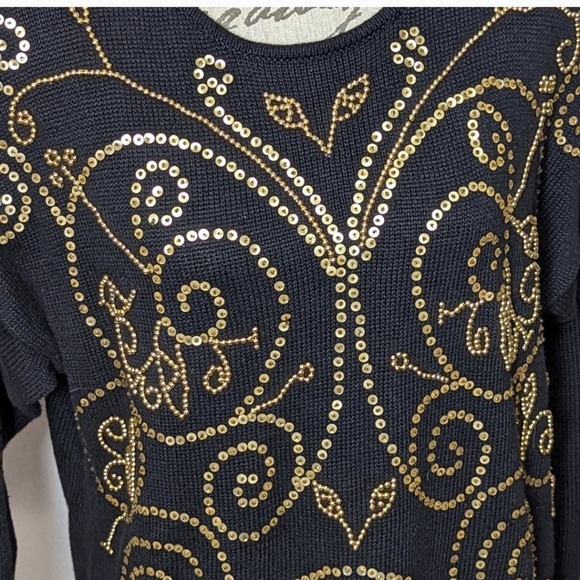 Womens Sweater Dress Black & Gold Beaded Spangles Size Small VTG 80s L'EAU VIVE - Picture 9 of 15